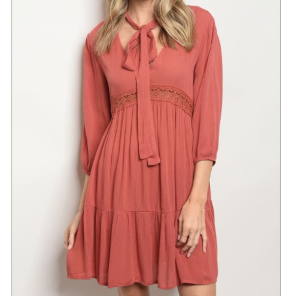 C.C. Boutique Dresses & Skirts - 1 LEFT SZ M Dusty Rose Bow Neck Boho Peasant Dress